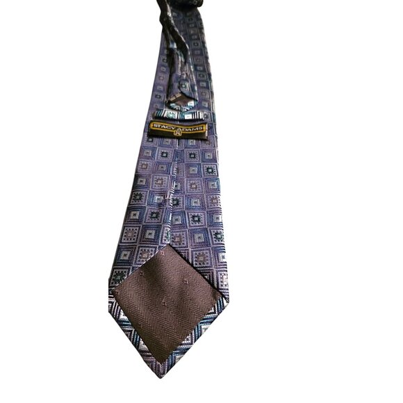 Vintage Tie Stacy Adams 100% Silk Handmade Geometric Square Blue & Silver - Picture 8 of 8